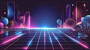Retro modern abstract space with pink and blue neon and geometric objects