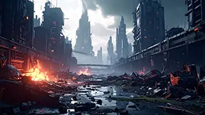 瓦礫と火の手に包まれた崩壊した近未来都市の廃墟背景イラスト