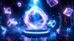 Sci-fi fantasy style stage with blue light vortex and purple floating crystals