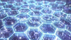 Blue light forming hexagonal honeycomb grid representing digital network