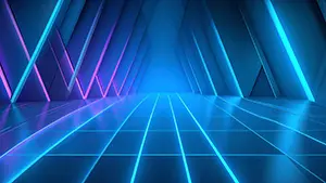 Geometric minimalist passage with blue-lit triangular arches continuing inward