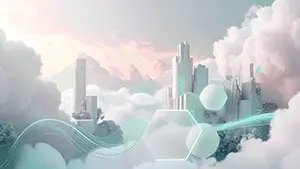 雲海と白い高層ビル群が広がる清潔感のある近未来デジタル背景イラスト