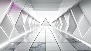 白い幾何学的な壁と床の通路の奥に三角形の光るゲートがある近未来背景