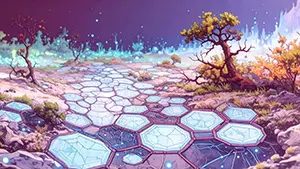 六角形の氷のような大地と黄金色の樹木が広がる近未来の幻想的な背景素材