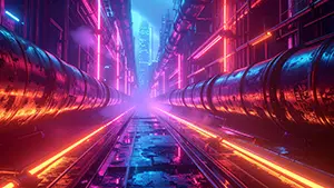 巨大パイプが並びピンクとオレンジのネオンが輝くサイバーパンクな通路背景