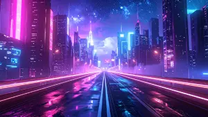 Wet highway stretching toward neon-lit skyscrapers under a purple night sky