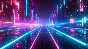 ピンクと水色のネオンがビル群と濡れた地面を照らすサイバーパンクな都市背景