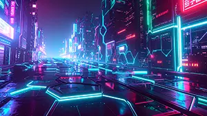 ピンクや青のネオン看板と光るヘキサゴン床が印象的なサイバーパンクの街並み背景