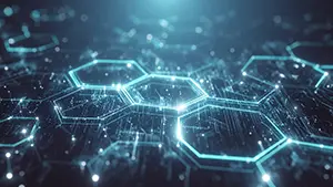 Technology background with lined up black hexagonal honeycomb panels with blue glowing edges