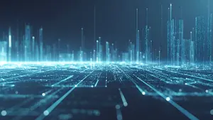 青い光の粒と垂直な閃光が広がるデジタル都市の近未来背景素材