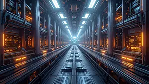 青とオレンジの照明が印象的なデータセンターのサーバーラック通路背景素材