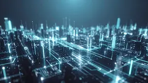 青い光のラインとデータが垂直に伸びるデジタルシティのホログラム背景