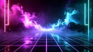 紫色の雲海と山々に囲まれた光るグリッド床のデジタル空間背景