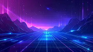 垂直の光の筋が空から降り注ぐ紫色のデジタル山脈とグリッドの背景