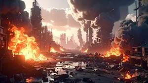 夕暮れの工業地帯で巨大な爆発と黒煙が上がる、迫力ある近未来背景イラスト