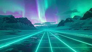 輝くオーロラの下に広がるグリーンのグリッド道路と雪山の近未来背景