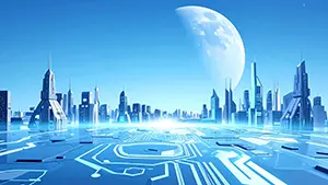 電子回路の模様が刻まれた広大な地面と、青空に浮かぶ巨大な月と近未来都市の背景