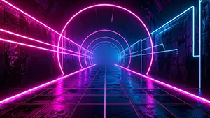 ピンクの円形ネオンが連続する近未来的なワープトンネル背景素材