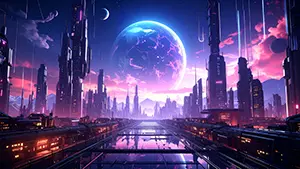 紫色の空に浮かぶ巨大な惑星と高層ビルが立ち並ぶ近未来都市の背景イラスト