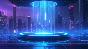 垂直な青い光の柱が立つプラットフォームと夜の未来都市のサイバーパンク背景