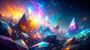 色とりどりに輝く巨大なクリスタルが並ぶ異星の幻想的な風景背景素材