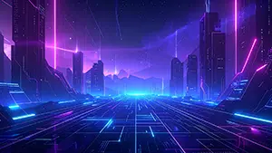 垂直の紫の光と青いグリッドが走る夜のサイバーパンク都市の背景素材