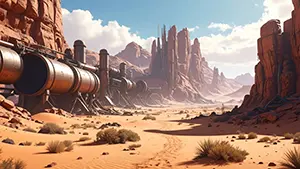 砂漠の中に敷設された巨大なパイプラインと岩山の近未来風景背景