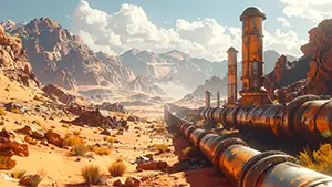 砂漠の中を走る巨大な錆びたパイプラインと遠くの山々の近未来背景素材