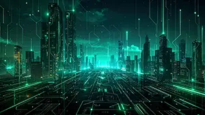 緑色の光るラインが走る近未来的なデジタル都市のサイバーパンク背景素材