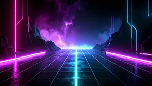 紫色の銀河の下に広がるネオングリッド道路と山の近未来背景