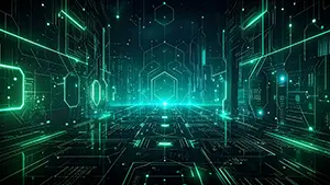 緑色のネオンラインが奥へと続く近未来的なデジタル通路の背景イラスト