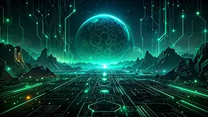 緑色の電子回路が張り巡らされた巨大な惑星とグリッドの山並みの背景