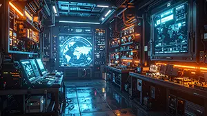 壁一面のディスプレイに世界地図が映る近未来のハイテックな指令室背景