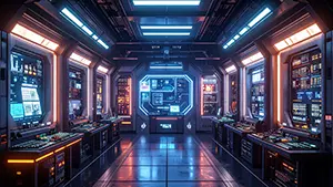 多くのディスプレイと操作パネルが配置された近未来のコントロールルーム背景素材