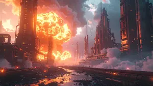 工業地帯のビル群の間で起きる巨大な爆発と煙のサイバーパンク背景イラスト