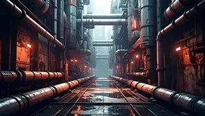 配管が並びオレンジの光が灯る近未来インダストリアルな通路背景素材