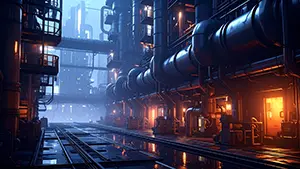 青い霧とオレンジの光が印象的な近未来の巨大工場プラント背景素材