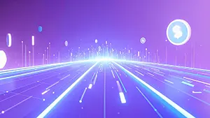 紫色の光る道と空中に浮かぶドルの硬貨が描かれた近未来デジタル背景イラスト