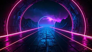 円形のネオンライトが連続するサイバーパンクなトンネルと山影の背景イラスト