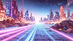 ピンクと青の光のラインが走る未来の道路と岩山が並ぶサイバーパンクな背景