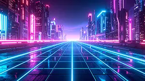 ピンクと青のネオン光が走る未来の高速道路とそびえ立つビルの近未来背景