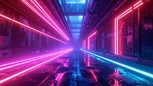 ピンクと青のネオンラインが走る濡れた近未来の通路背景イラスト