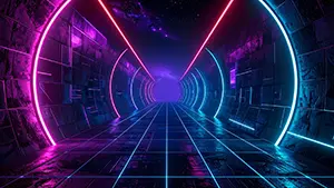 ピンクと青の光る円形ネオンが連続する近未来的なトンネルと宇宙の背景