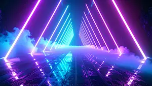 霧の中に並ぶ光る三角形のネオンゲートと反射する濡れた路面の背景