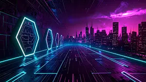 紫色の夜景と六角形のネオンゲートが並ぶ近未来のサイバーパンク背景素材