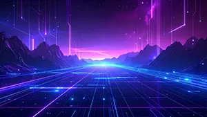 紫色の夜空から垂直に光が降り注ぐデジタルな山並みの背景素材