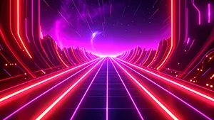 赤とピンクのネオンが地平線へ伸びる近未来のデジタルハイウェイ背景