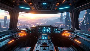 宇宙船の操縦席から見た夕暮れの都市と山々の近未来的なパノラマ背景イラスト