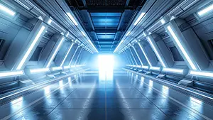 Interior passage of space station or lab composed of white metal walls and blue lighting