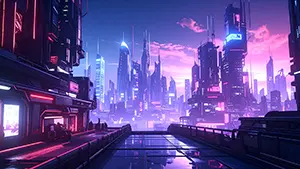 紫色の夕焼けと高層ビルのネオンが濡れた地面に反射する近未来背景イラスト